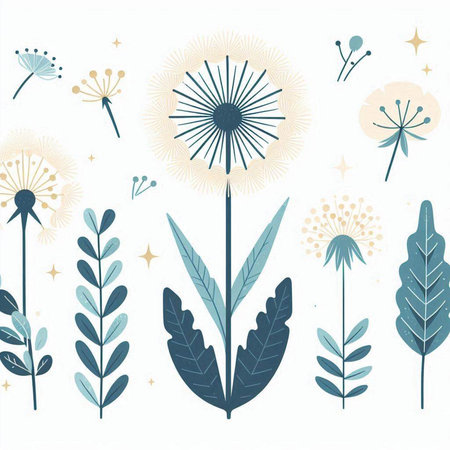 Vector set of hand drawn dandelions and floral elements in pastel colorsのイラスト素材