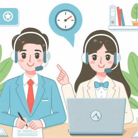 Call center operator and customer support assistant. Vector illustration of a man and woman working with headset.のイラスト素材