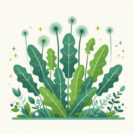 Flower background with green leaves and dandelions. Vector illustration.のイラスト素材