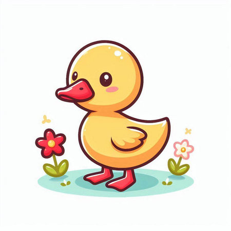 Cute duckling with flowers on white background. Vector illustration.のイラスト素材