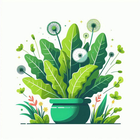 Vector illustration of a flowerpot with dandelions and grass.のイラスト素材