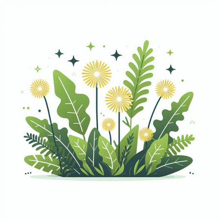 Green floral background with dandelions and leaves. Vector illustration.のイラスト素材