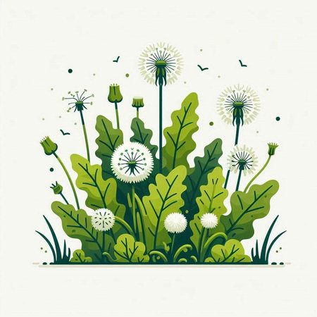 Vector illustration of dandelion with green grass and dandelionsのイラスト素材