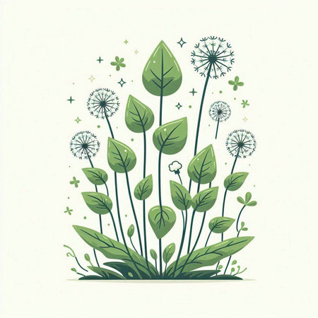 Green floral background with dandelions and leaves. Vector illustration.のイラスト素材