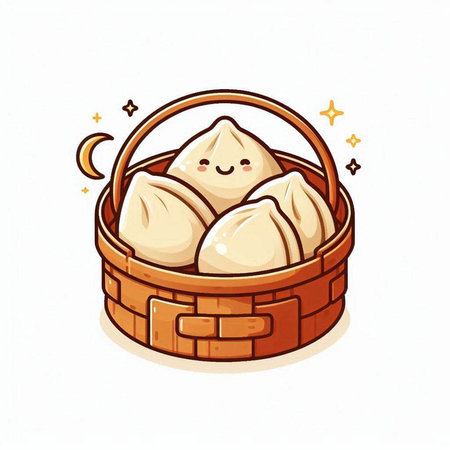 Cute cartoon dumplings in a basket. Vector illustration.のイラスト素材