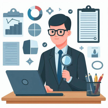 Businessman with magnifying glass and laptop in office. Vector illustrationのイラスト素材