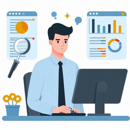 Businessman working on computer in office. Vector illustration in flat styleのイラスト素材