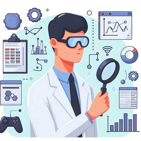 Scientist with magnifying glass and icons set. Vector illustration in flat styleのイラスト素材