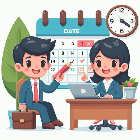 Businessman and businesswoman sitting at desk with calendar. Vector illustration.のイラスト素材
