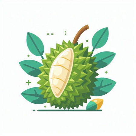 Fresh durian fruit with leaves isolated on white background. Vector illustration.のイラスト素材