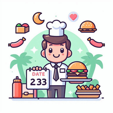 Restaurant chef with burger and menu board. Vector illustration.のイラスト素材