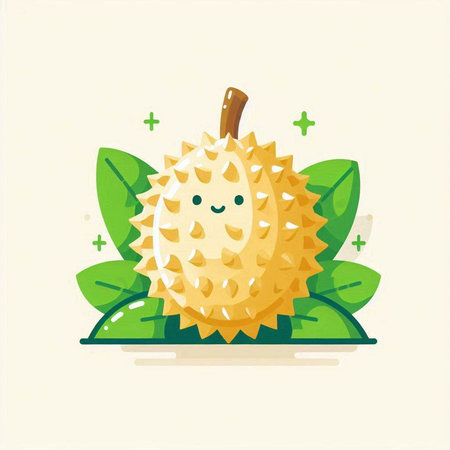 Vector illustration of cute cartoon durian fruit character on green leaves background.のイラスト素材