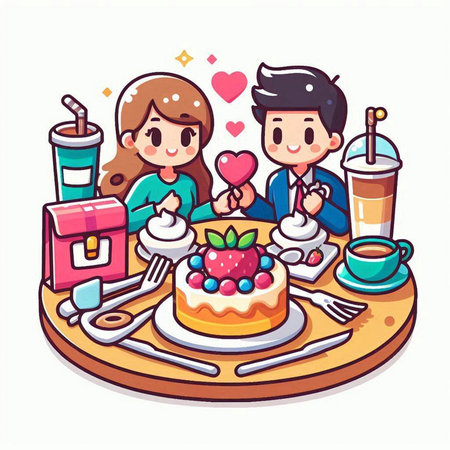 Cute cartoon couple eating cake and drinking coffee. Vector illustration.のイラスト素材