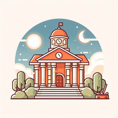 Vector illustration of an old school building on a background of the moonのイラスト素材