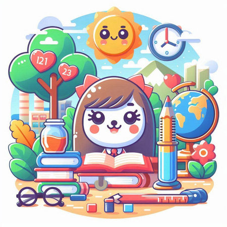 Back to school concept. Cute schoolgirl with a book in her hands. Vector illustrationのイラスト素材