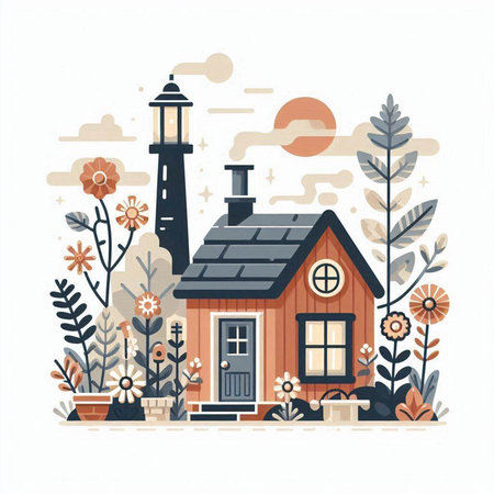 Vector illustration of a house with a lighthouse and flowers on a white backgroundのイラスト素材