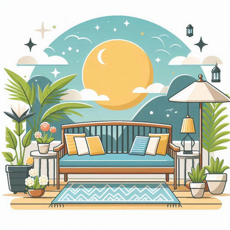 Illustration of a Bedroom with a Full Moon and Palm Treesのイラスト素材
