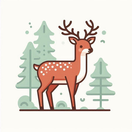 Cute deer in the forest. Vector illustration in flat style.のイラスト素材