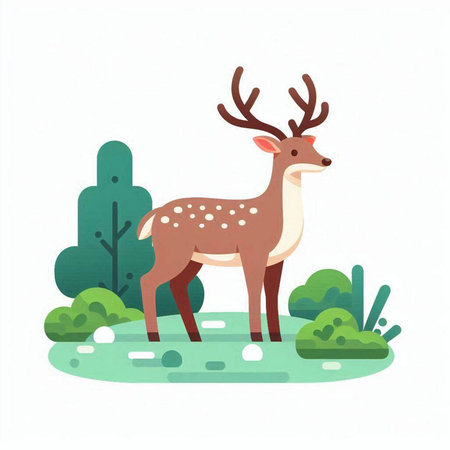 Cute cartoon deer in the forest. Vector illustration in flat styleのイラスト素材