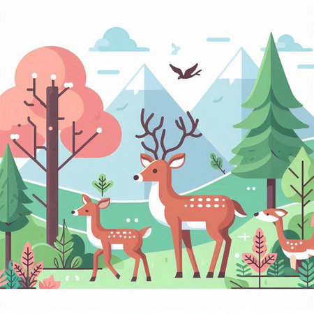 Deer in the forest. Colorful vector illustration in flat styleのイラスト素材