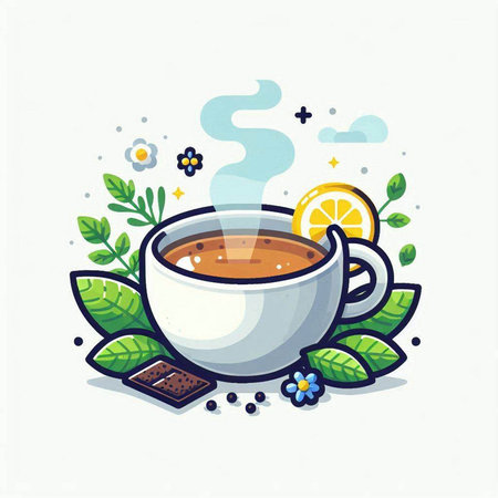 Cup of tea with lemon and mint leaves. Vector illustration.のイラスト素材