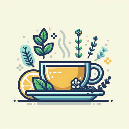 Cup of tea with lemon and herbs. Vector illustration in flat style.のイラスト素材