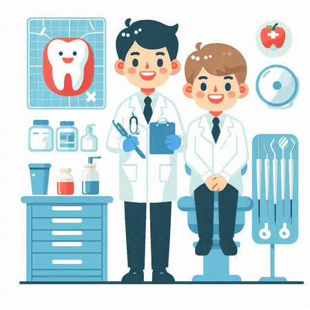 Dentist and patient in dental office. Cartoon vector illustration. Dentist and patient.のイラスト素材