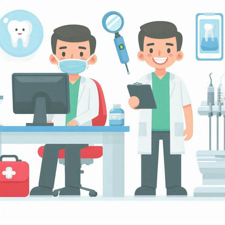 Male dentist and patient in the dentists office. Vector illustration.のイラスト素材
