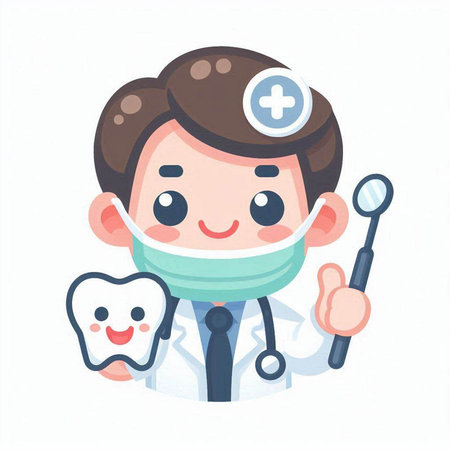 doctor with stethoscope and tooth. Vector illustration in cartoon style.のイラスト素材