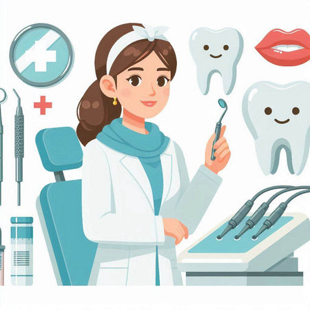 Dentist woman with stomatology equipment. Vector illustrationのイラスト素材