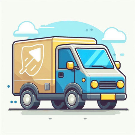 Delivery truck with cardboard box, vector illustration. Flat design style.のイラスト素材