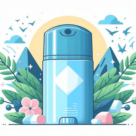 Vector illustration of a blue water cooler in flat design style with flowers and birds.のイラスト素材