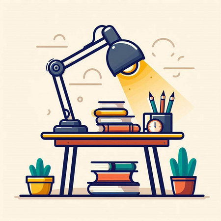 Vector illustration of school desk with books, lamp and potted plantsのイラスト素材