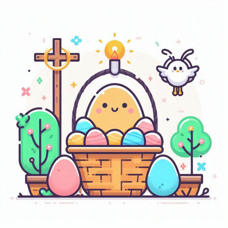 Easter basket with eggs. Colorful vector illustration in flat style.のイラスト素材