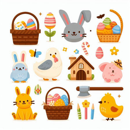 Set of cute Easter bunnies, chicken, basket, eggs and other elements.のイラスト素材