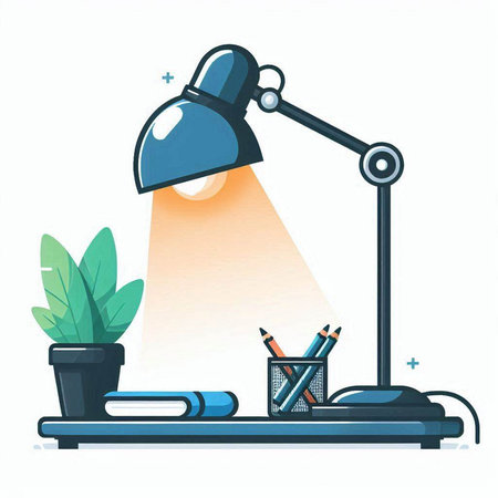 Flat design vector illustration of desk lamp, books, pencils and plant on shelf.のイラスト素材