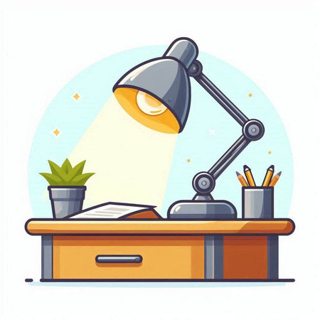 Office desk with lamp, books and other items. Vector illustration.のイラスト素材