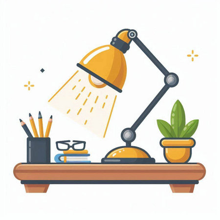 Vector illustration of desk lamp with books and pencils. Flat style design.のイラスト素材