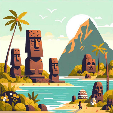 Tropical island with ancient statues. Vector illustration in flat styleのイラスト素材