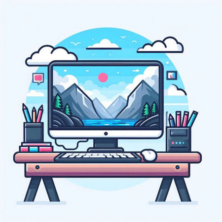Workplace with computer. Freelance concept. Vector illustration.のイラスト素材