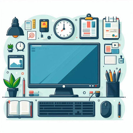 Workplace with computer and office supplies. Flat style vector illustration.のイラスト素材