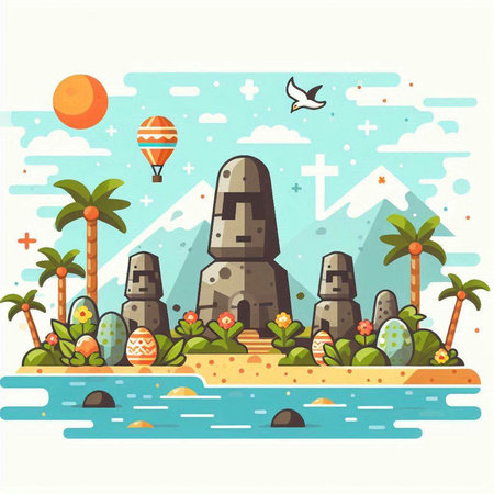 Vector illustration of the island with stones and palm trees in flat styleのイラスト素材