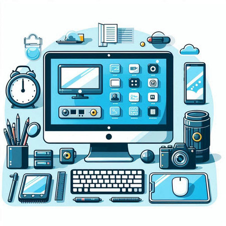 Vector illustration of a flat design of a desktop with a computer, mouse, keyboard, notebook, camera and other objects.のイラスト素材