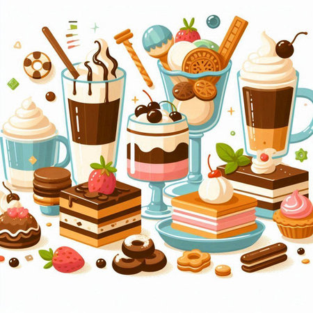Coffee time background with sweets and desserts. Vector illustration.のイラスト素材