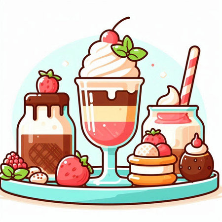Vector illustration of milkshake with ice cream, strawberries, chocolate and macaroonsのイラスト素材