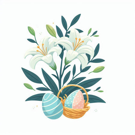 Easter eggs in basket with lily flowers. Vector illustration.のイラスト素材