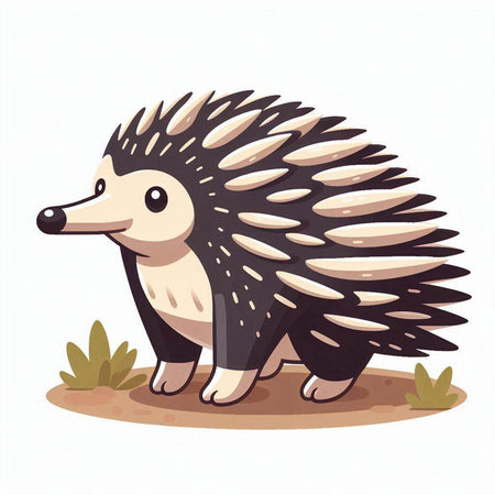 Cute cartoon hedgehog standing on the ground. Vector illustration.のイラスト素材
