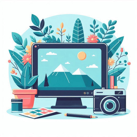 Designer workplace with computer, camera and plants. Flat vector illustrationのイラスト素材
