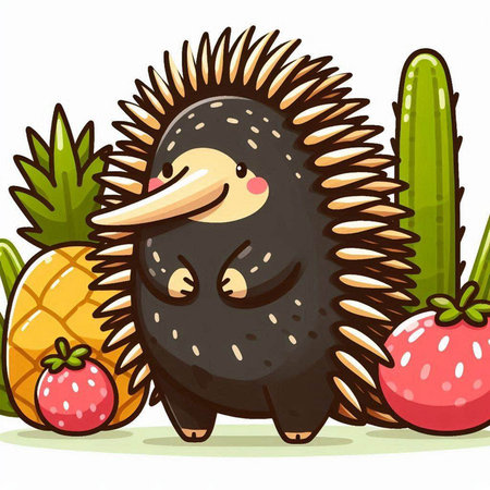 Cute hedgehog with strawberries and cacti. Vector illustration.のイラスト素材