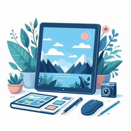 Flat design modern vector illustration concept of home office workspace. Laptop, smartphone, camera, notebook, plant, flower pot.のイラスト素材